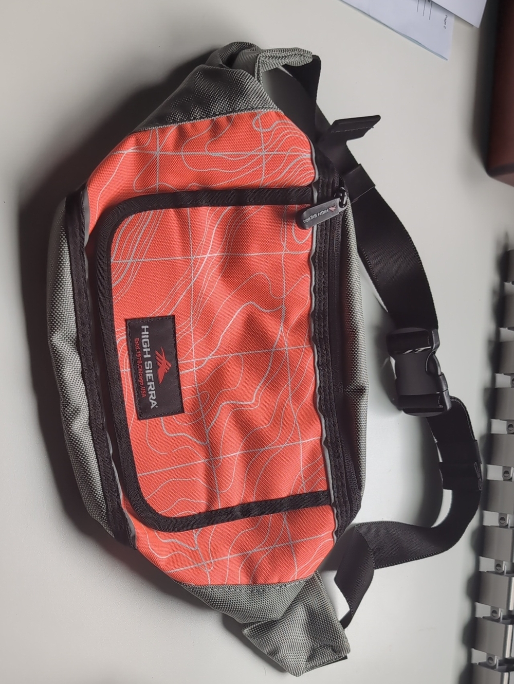 High Sierra Coral Orange and Gray Belt Pack with Topo Print